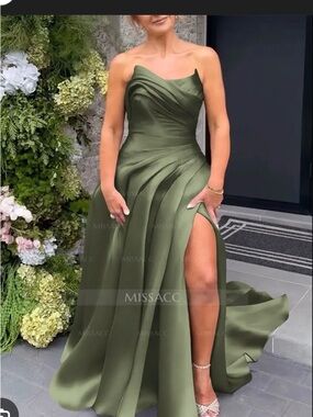 *SOLD* Olive Green Satin Formal Gown A line, High slit, Evening Dress